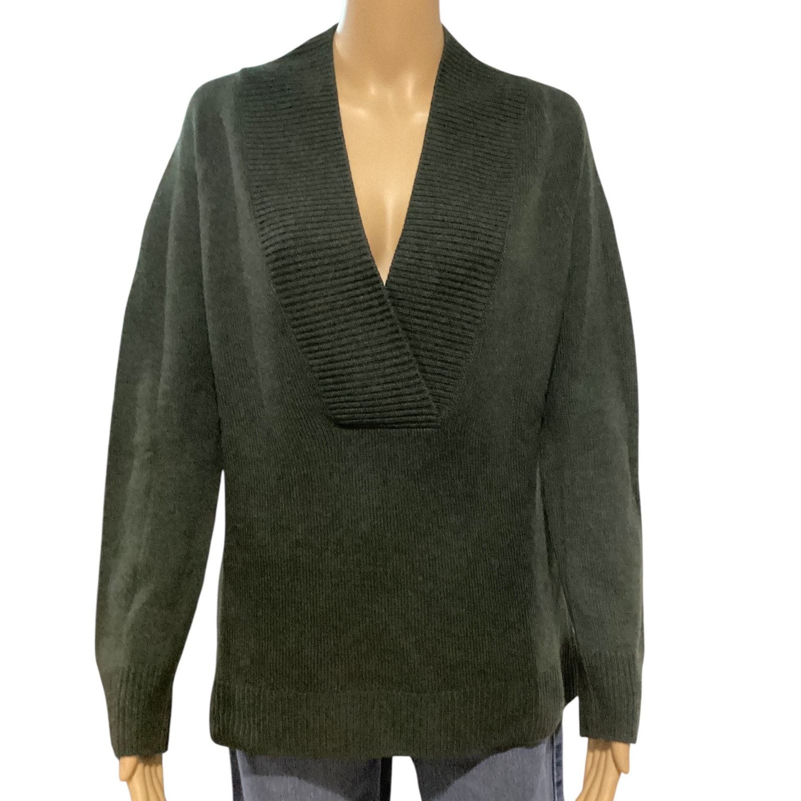 Vince Dark Olive Green Wool Cashmere Blend V-Neck Ribbed Collar Sweater Size S